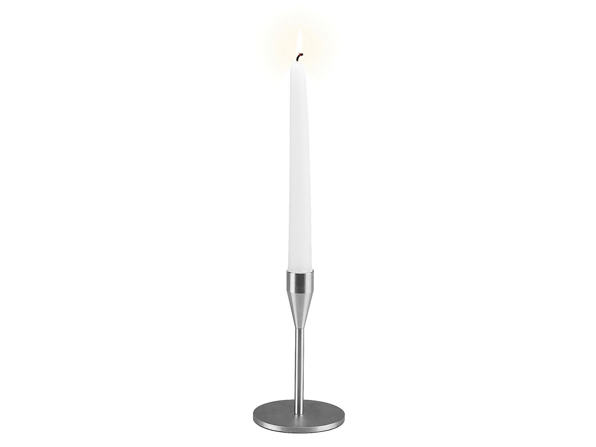 Silberner Mars / Venus Kerzenständer MINI mit brennender, weißer Stabkerze. Modernes Design für stimmungsvolle Beleuchtung.
